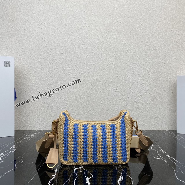 Prada專櫃新款拉菲草三合一女包 1BH204 普拉達純手工編織條紋系列肩背斜挎包 csp1573